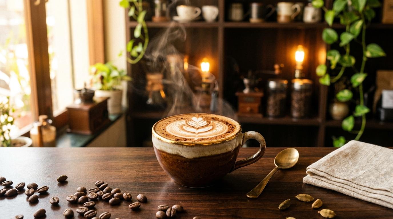 Freshly brewed espresso with latte art